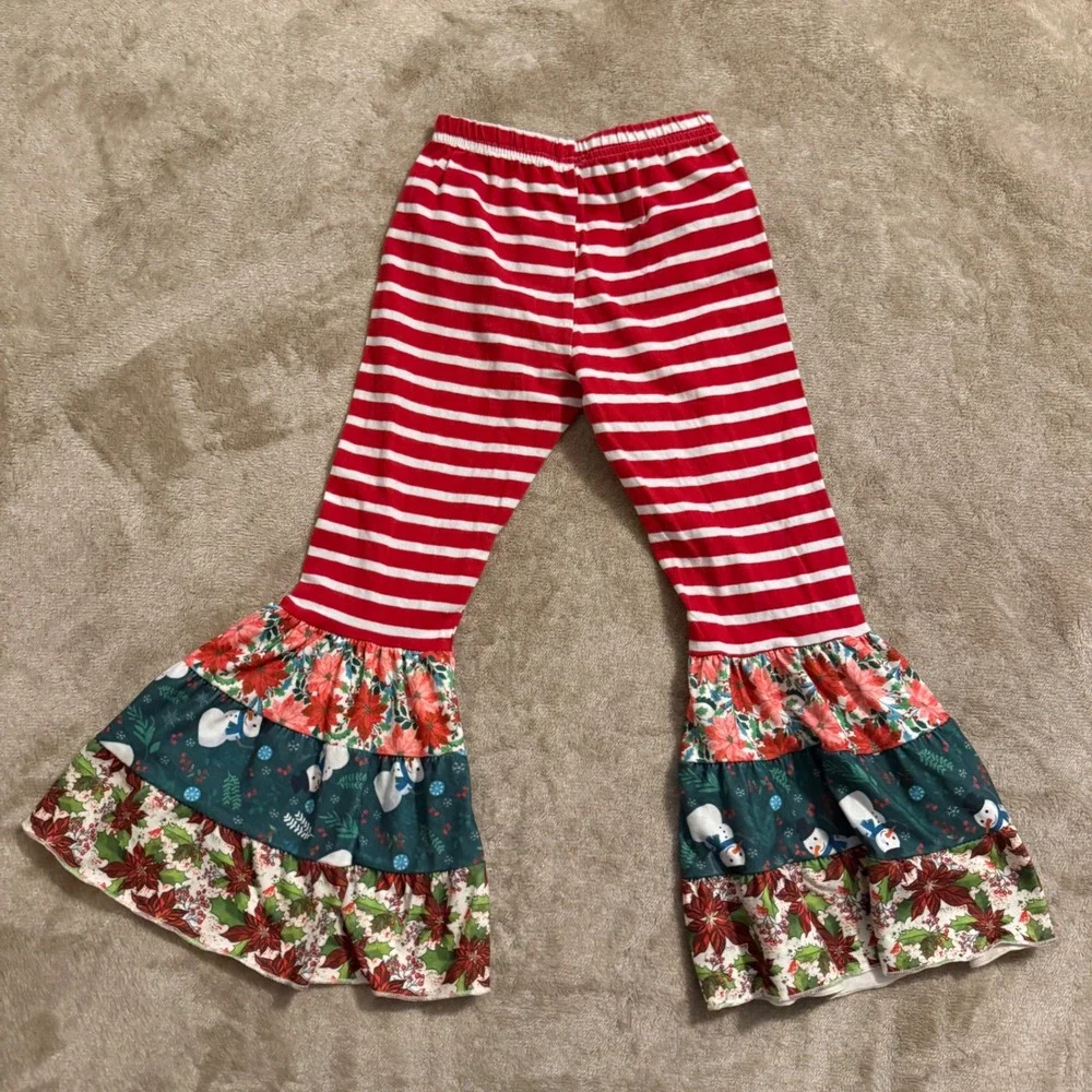 Kids Christmas Patchwork Tunic & Bell Bottom Pants Set Snowman Poinsettia 4T